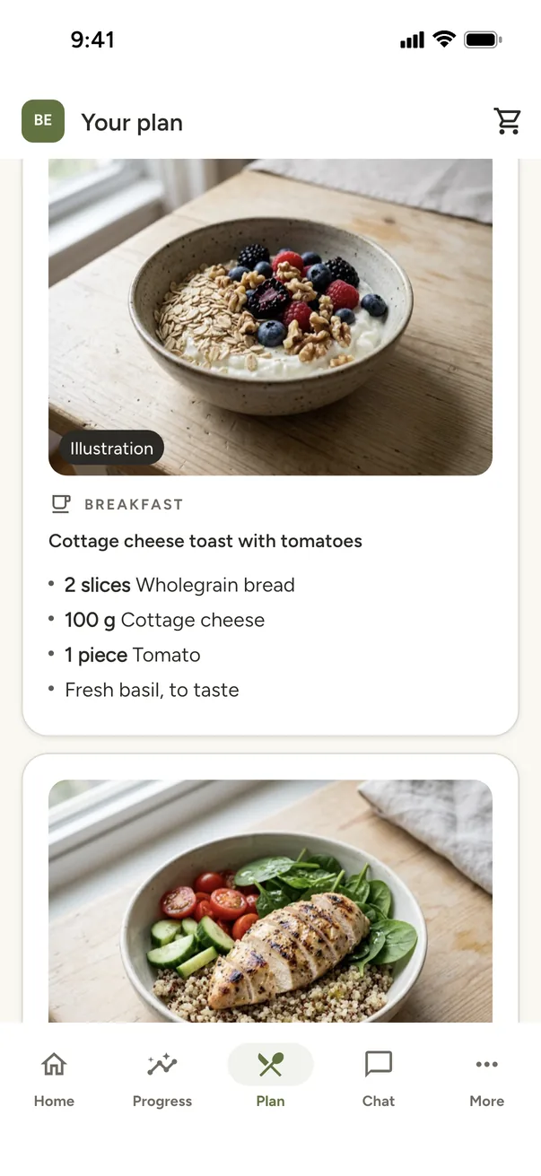 A client's meal plan in the Mealstone app, with a picture for every dish